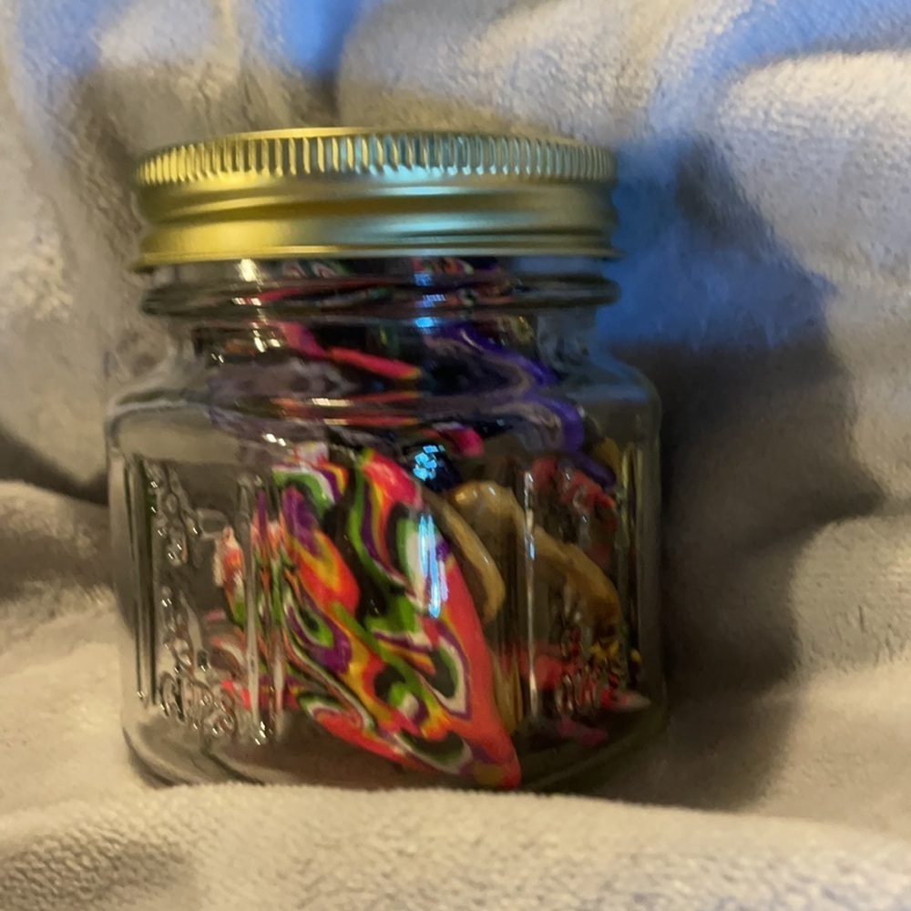 Jar of 20 various size/design polymer clay hearts